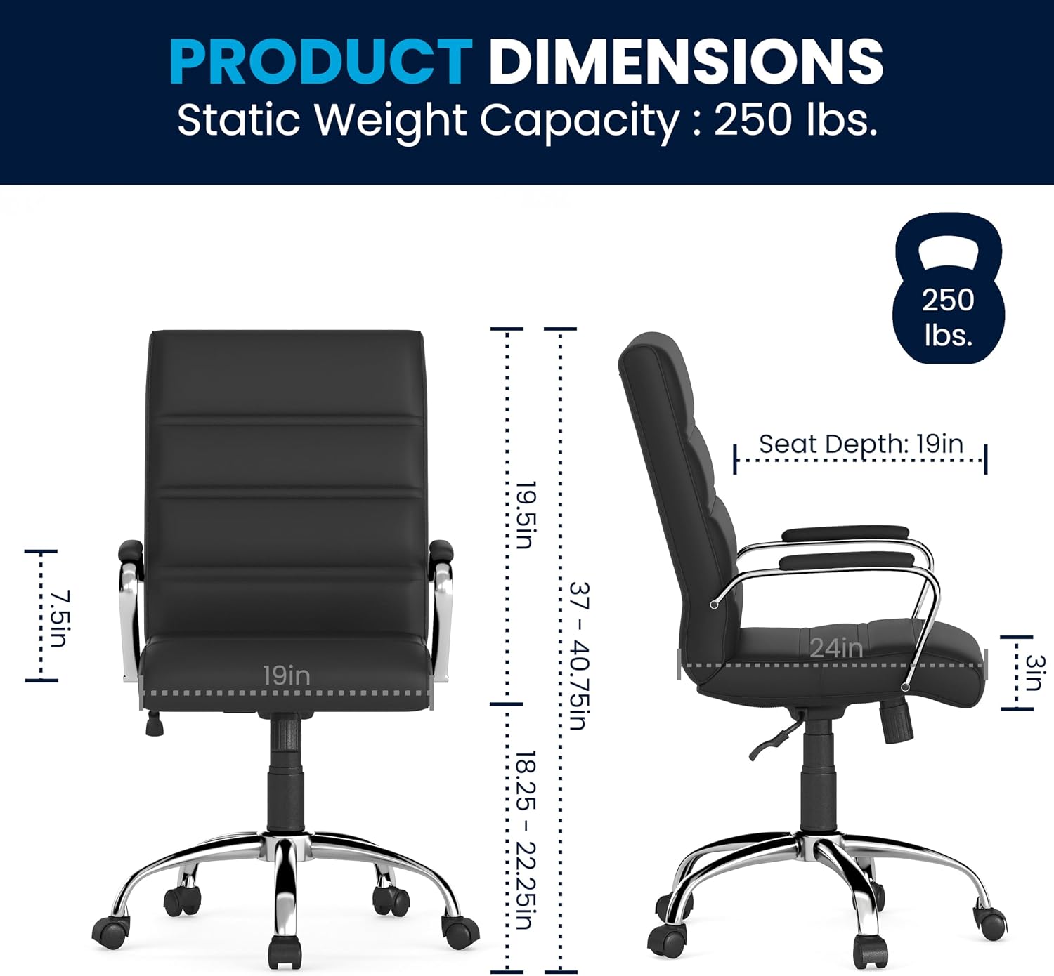 Flash Furniture Whitney Mid-Back Swivel LeatherSoft Desk Chair with Padded Seat and Armrests, Adjustable Height Padded Office Chair, Black