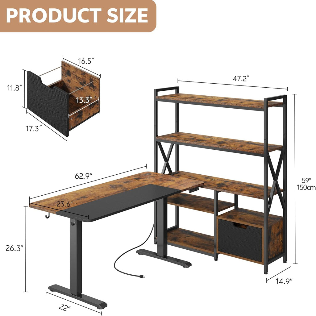 77.8 Inches L Shaped Standing Desk Corner Desk with Hutch Electric Height Adjustable Desk with Storage Shelves File Drawer Power Outlets Reversible Computer Gaming Desk for Home Office, Brown