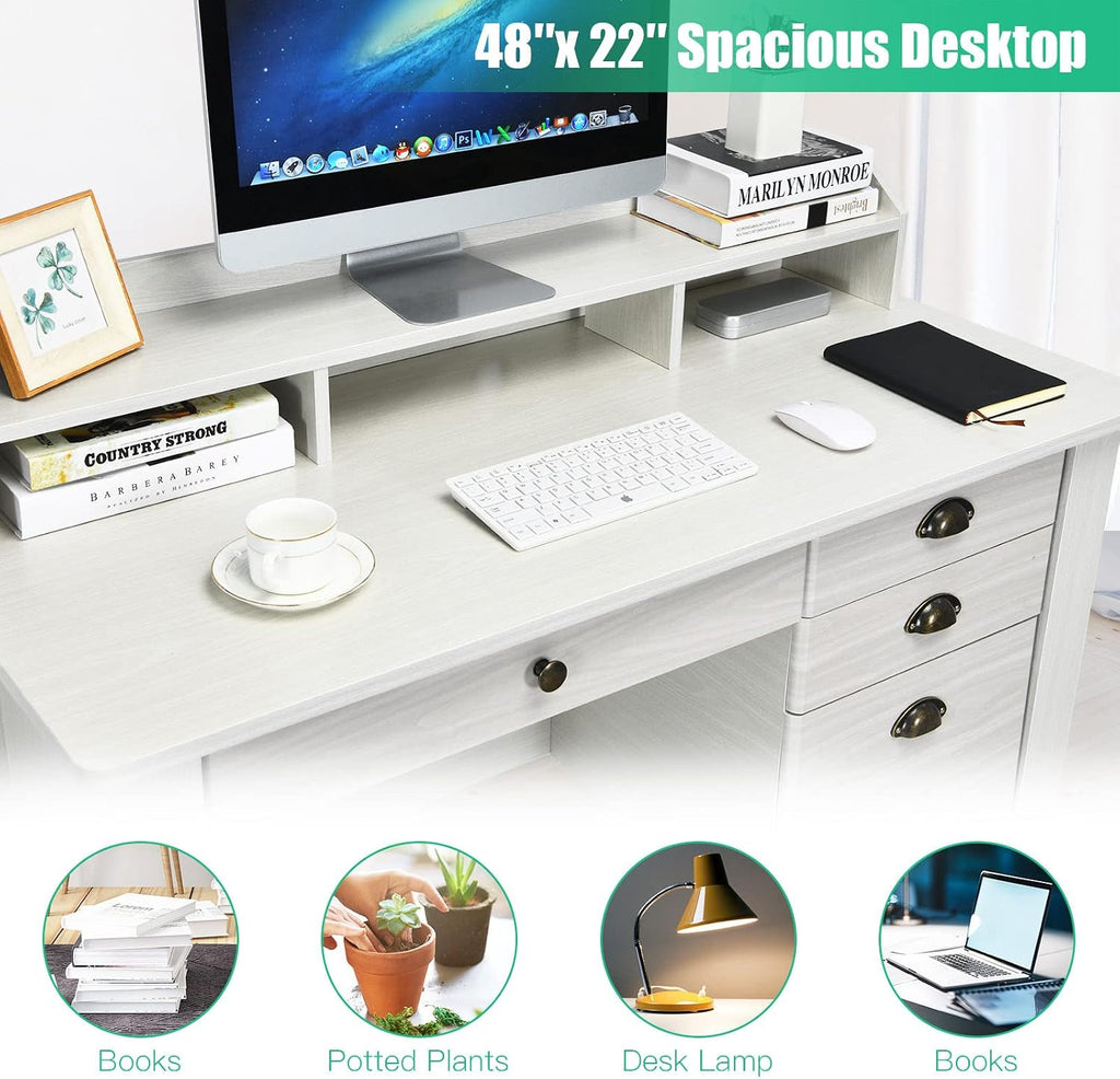 Tangkula White Desk with 4 Storage Drawers & Hutch, Home Office Computer Vintage Desk, Writing Study Table with Storage Shelves, Wooden Executive Desk (White)