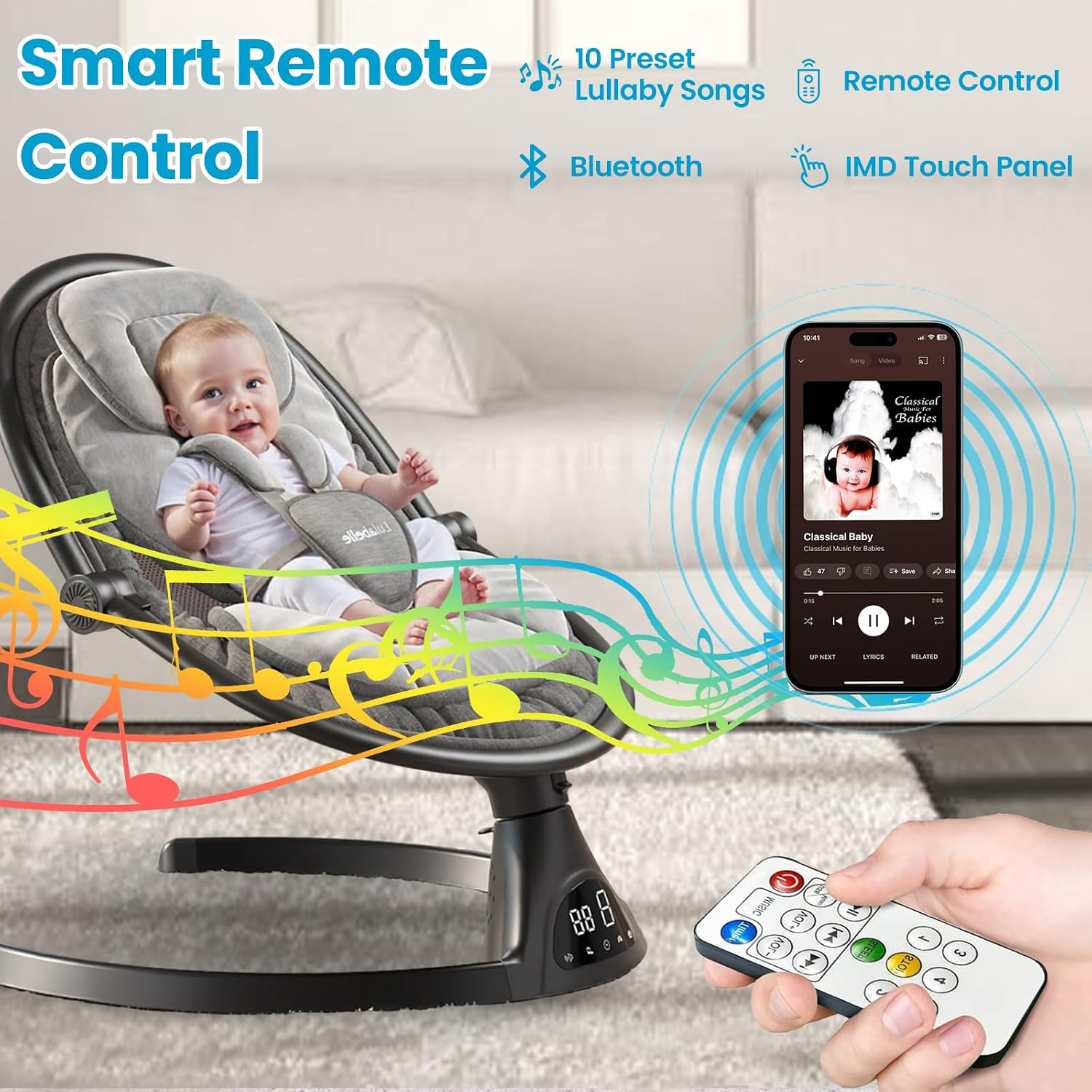 Lulabelle Baby Swings for Infants, 3-in-1 Infant Swing, 5 Sway Speeds | 10 Preset Lullabies & Bluetooth, Portable Newborn Swing for Home or Travel | Electric Baby Swing with Adjustable Height