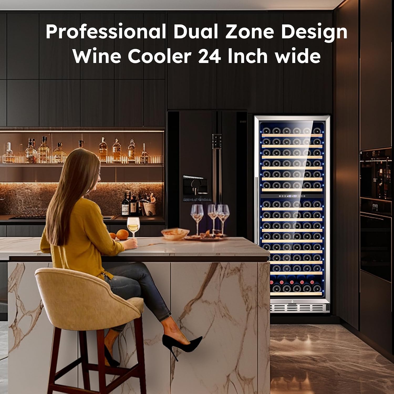 Mojgar 24 inch Wine Refrigerator 163 Bottles, Dual Zone Wine Fridge Freestanding Built-in Wine Cooler with Precision Thermostat, Full Extension Beechwood Shelves