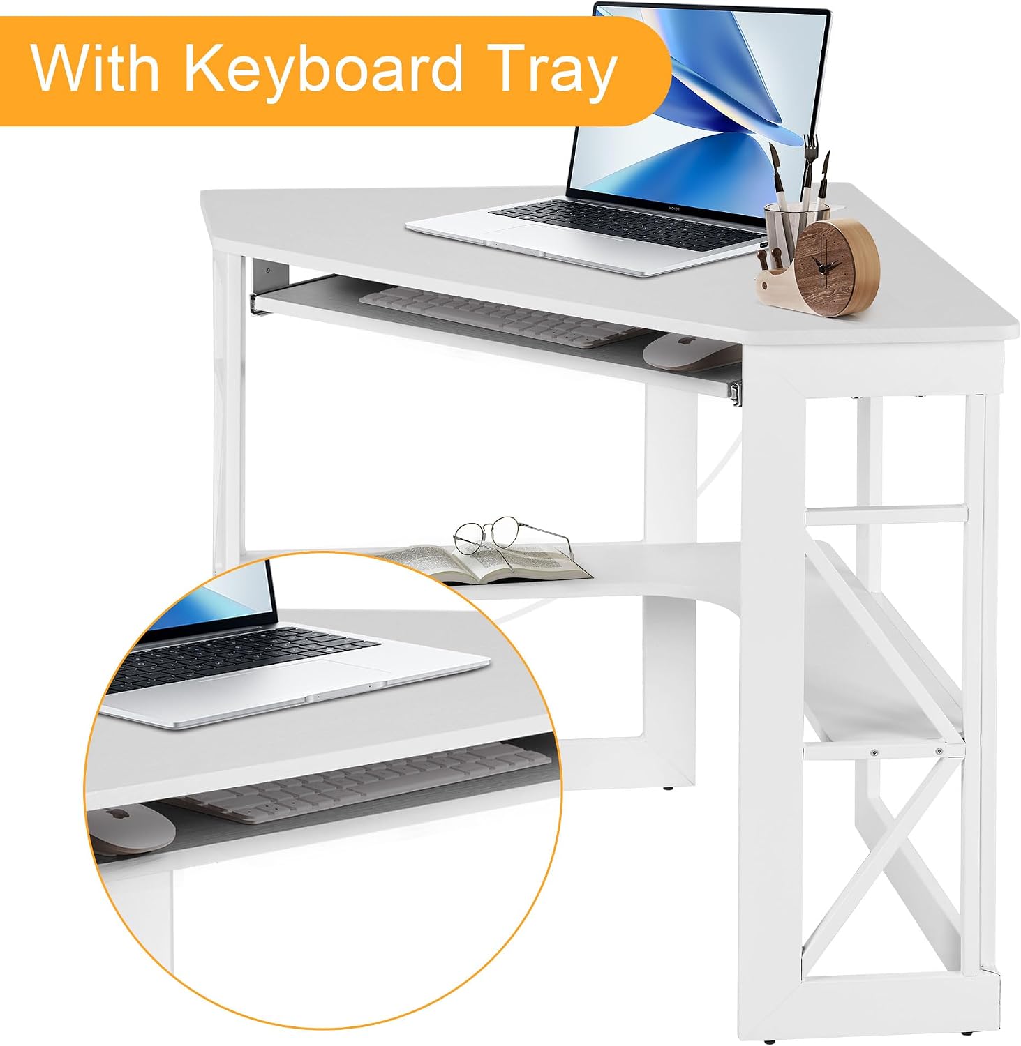 VECELO Corner Computer Desk 41x30 inch with Charging Station & Keyboard & Storage Shelves for Small Space,Triangle Table for Home Office Bedroom,White