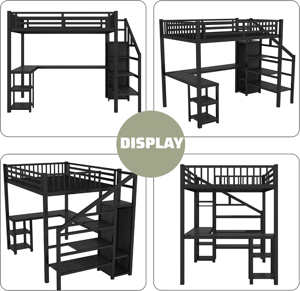 Full Size Loft Bed with Stairs and Desk, Metal Gaming Loft Bed with RGB LED Light, Heavy-duty Steel Loft Bed Frame with Storage Wardrobe, Shelves and Charging Station for Adults Kids Teens, Black