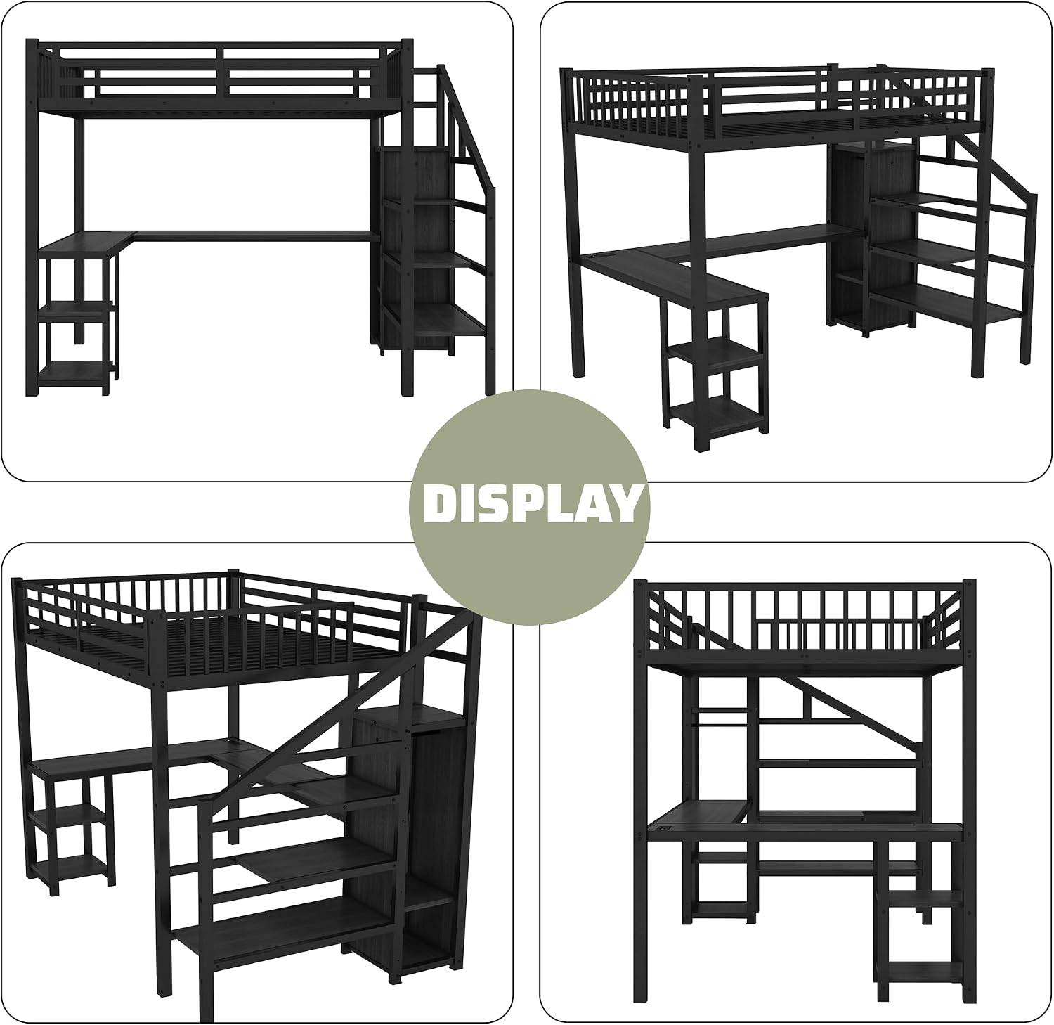 Full Size Loft Bed with Stairs and Desk, Metal Gaming Loft Bed with RGB LED Light, Heavy-duty Steel Loft Bed Frame with Storage Wardrobe, Shelves and Charging Station for Adults Kids Teens, Black