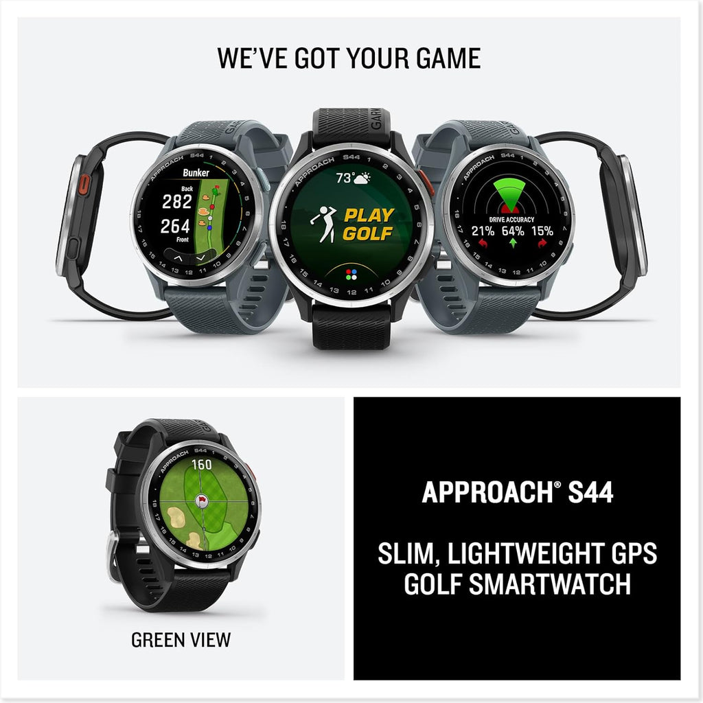 Garmin Approach S44 Essential GPS Golf Watch | AMOLED Display | with Signature Stand Power Bundle