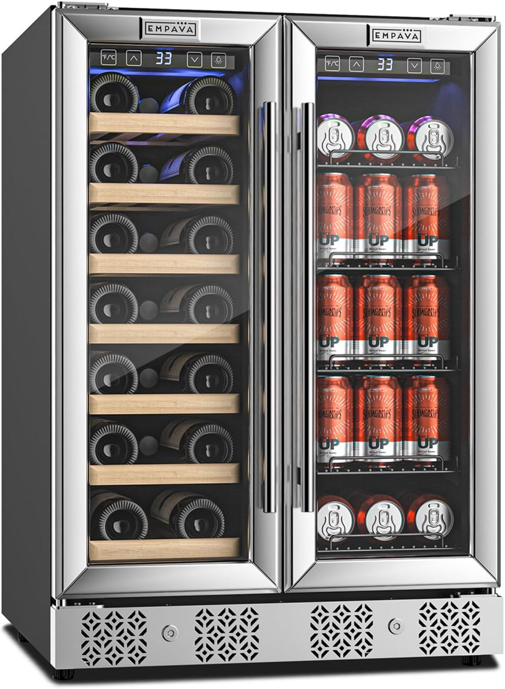 Empava 24' Dual Zone Wine and Beverage Refrigerator Cooler, Freestanding or Under Counter Fridge Chiller with LED Light, 78 Cans and 20 Bottles Capacity, Touch Control, Stainless Steel