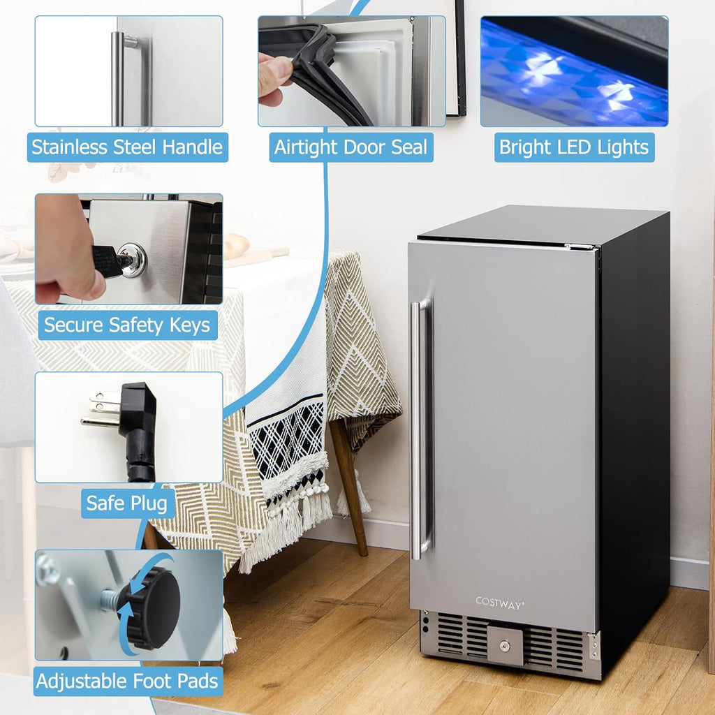 COSTWAY 15 Inch Beverage Refrigerator, Under Counter Drink Fridge with Stainless Steel Door & Removable Shelves, Built-in & Freestanding Beverage Cooler for Soda, Beer, Wine