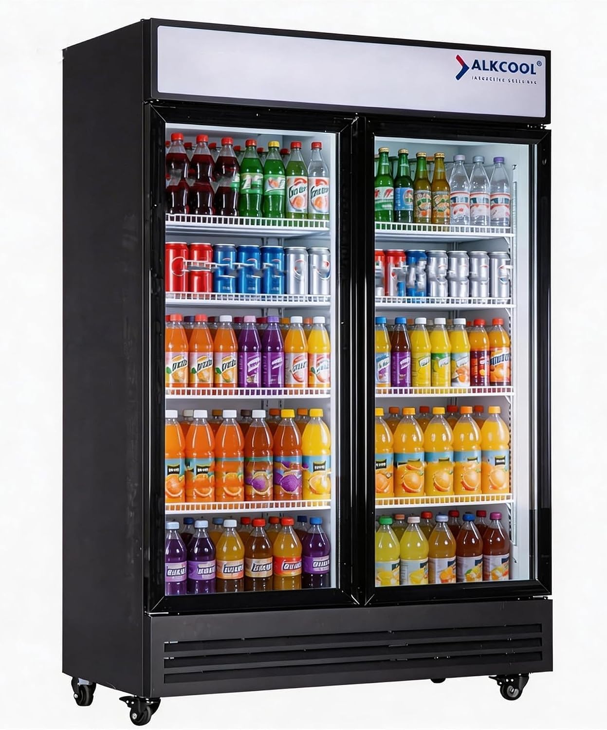Commercial Beverage Refrigerator Display Fridge,Two Glass Door Drink Cooler with LED Light Adjustable Shelves,ETL Approval,45 Cu Ft,47.5' Wide,Wheels Included,SLIDING DOOR