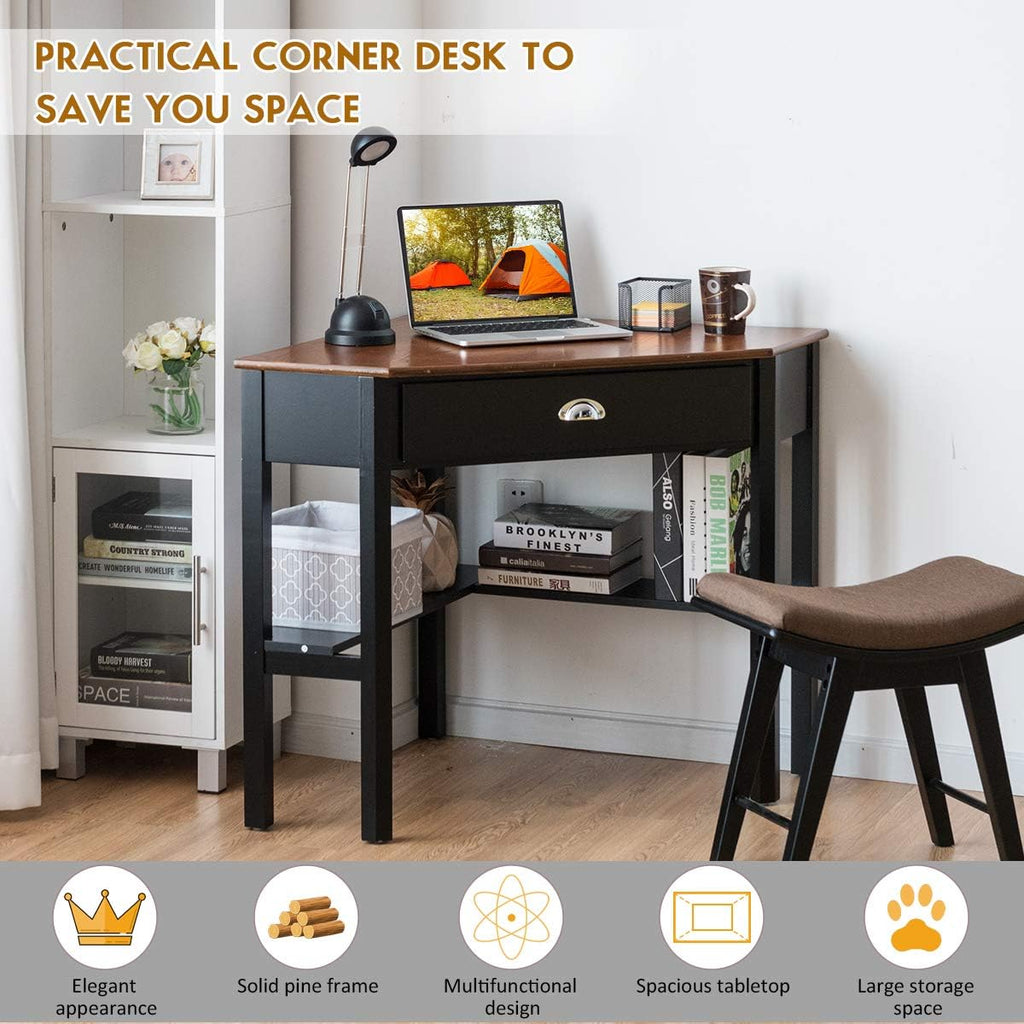 Tangkula Corner Desk, Corner Computer Desk with Drawer for Small Space, Small Corner Makeup Vanity Desk, 90 Degrees Triangle Corner Desk with Storage Shelves (Coffee & Black)