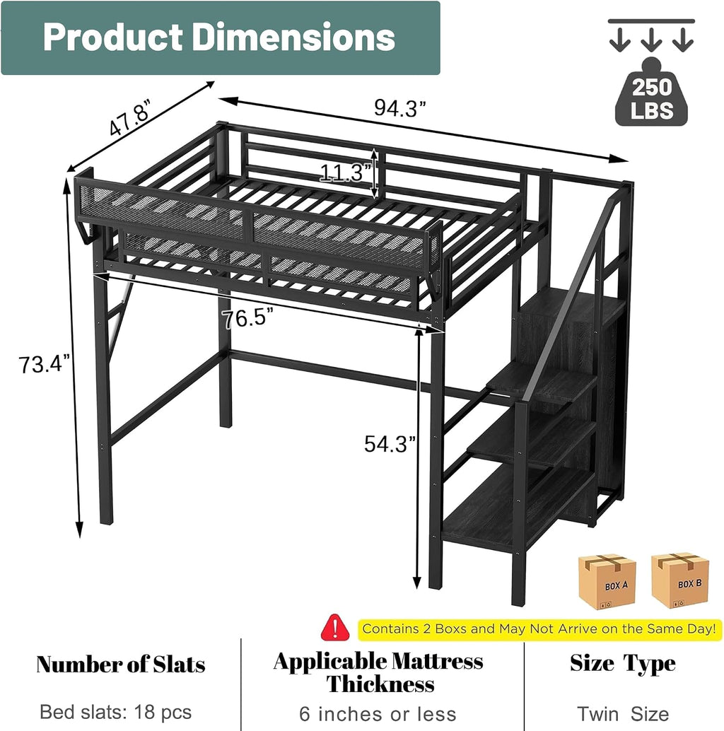Twin Size Loft Bed with Stairs, Metal Loft Beds Twin with Storage Shelves, Adults Loft Bed with Wardrobe, Heavy Duty High Lofted Bed for Kids Teens,Black +Black Stair
