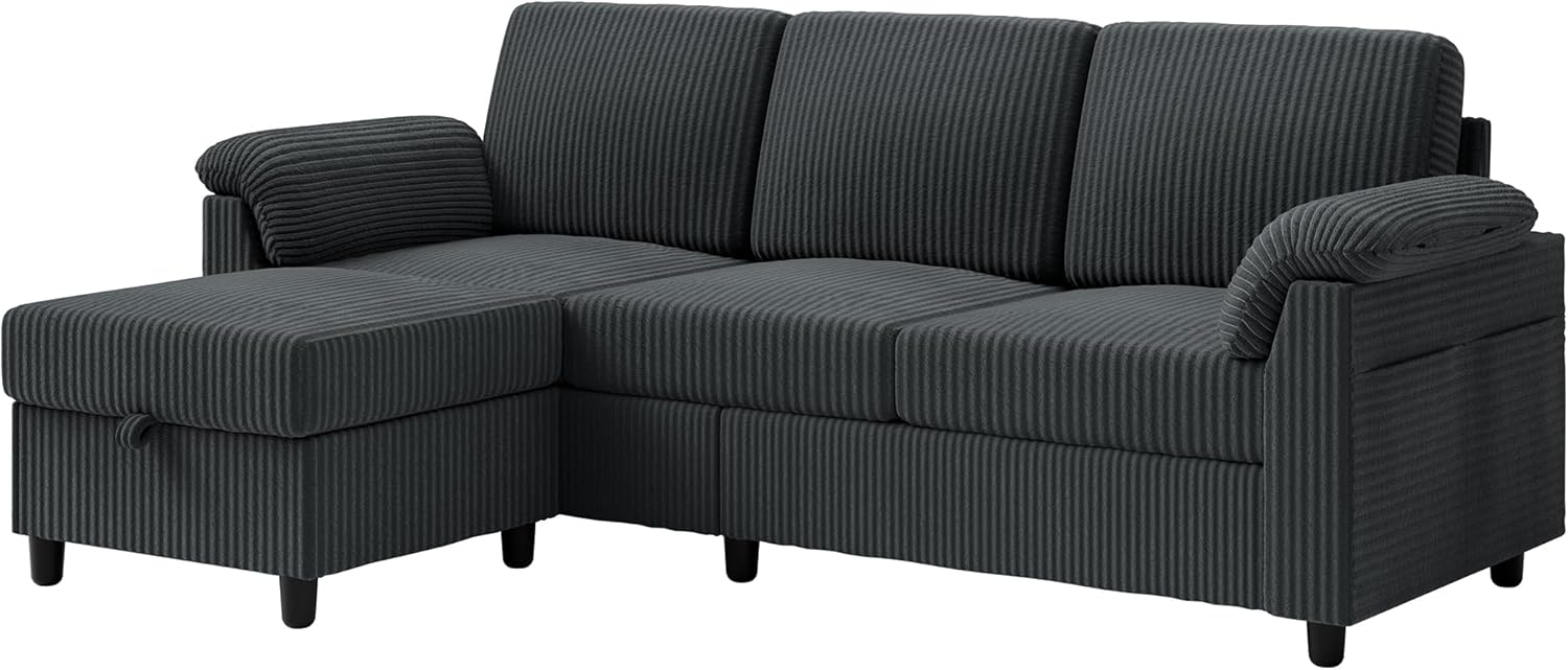 Vongrasig Convertible Sectional Sofa Couch, 3 Seat L Shaped Sofa with Removable Pillows Soft Corduroy Fabric Small Couch Mid Century for Living Room, Apartment and Office (Gray)