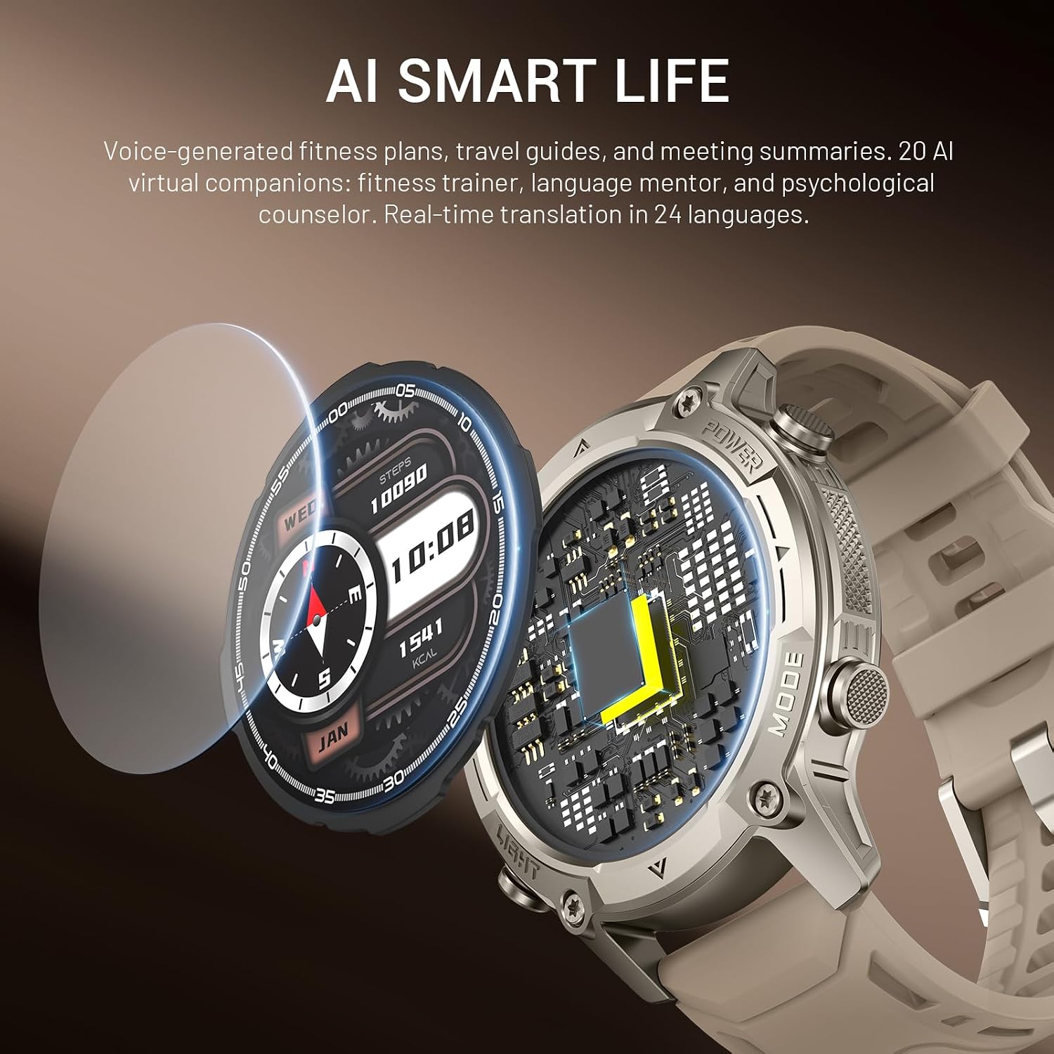 Smart Watch for Men, with GPS, Offline Maps, Heart Rate, Blood Oxygen, Stress, Sleep Monitor, 178 Sports Modes, 5ATM Waterproof Round Watch, 1.43-inch AMOLED Display, Compatible Android and iOS Khaki