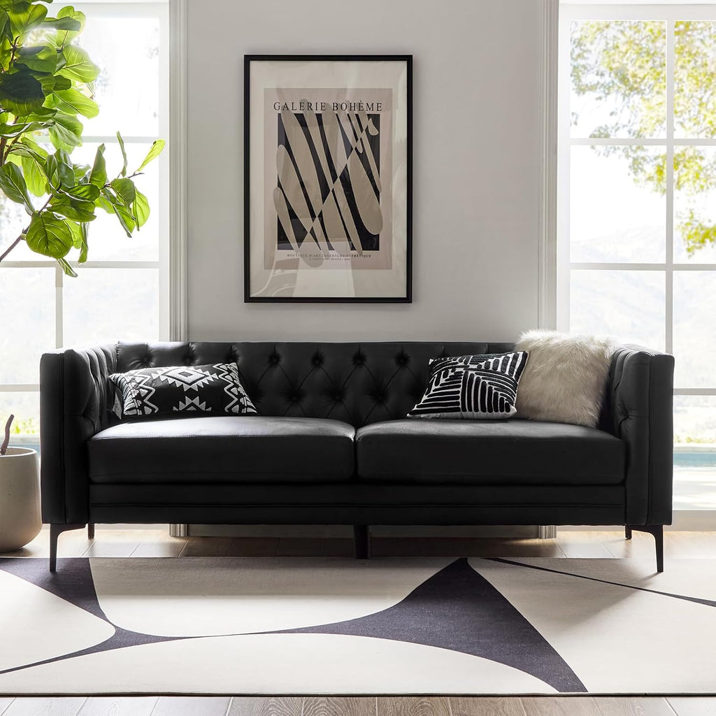 HULALA HOME 84' W Faux Leather Sofa Couch with Metal Legs, Button-Tufted 3-Seater Sofa, Mid Century Modern Contemporary Upholstered Couch for Living Room, Apartment, Charcoal