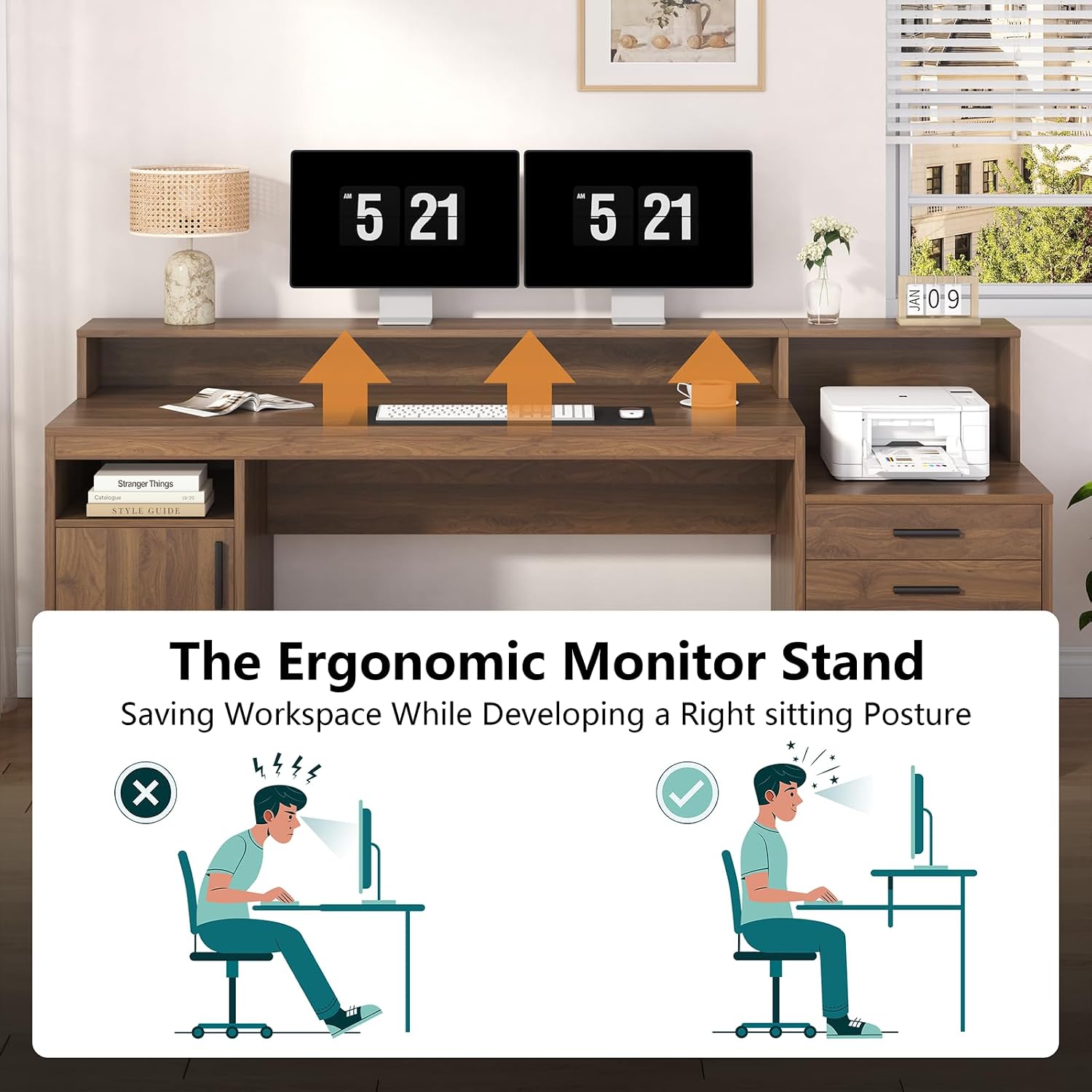 YOMILUVE Computer Desk with 3 Drawers & Storage Shelves, 65 Inch Home Office Desk with File Drawer & Cabinet, Writing Study Desks with Monitor Stand & Printer Shelf, Executive Desk, Brown