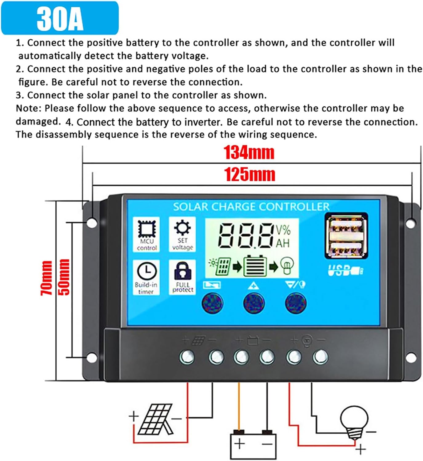 Solar Panel Inverter Kit with Dual USB, 18W Monocrystalline Solar Panel, 3000W Power Inverter DC12V to AC110V/220V, 30A PWM Charge Controller – Portable Solar Power System for Camping and Travel(Black