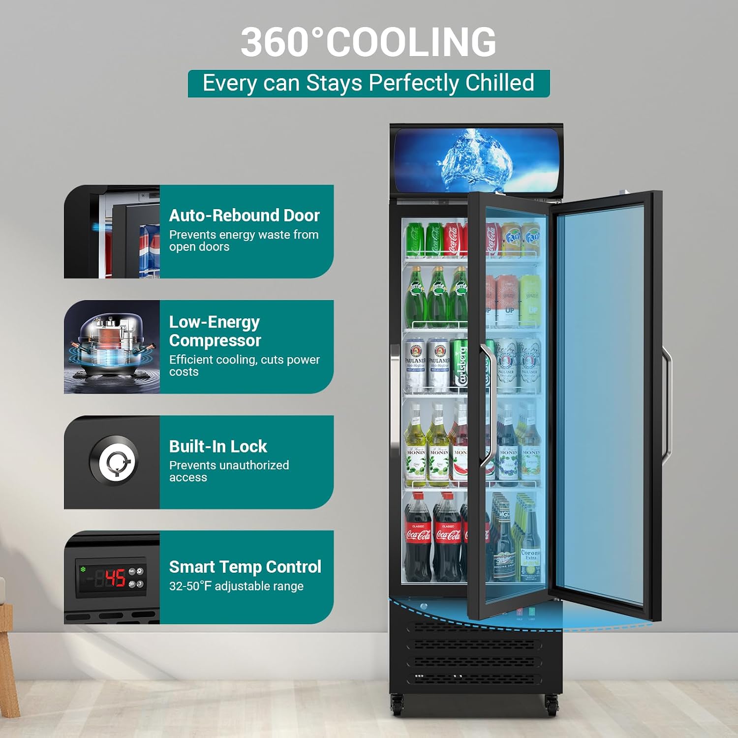 ETL & DOE Certified Commercial Beverage Refrigerator 14.8 Cu Ft, Commercial Display Fridge with Glass Door, Upright Merchandiser Refrigerator Cooler with Front LED Light for Stores, Restaurant, Office