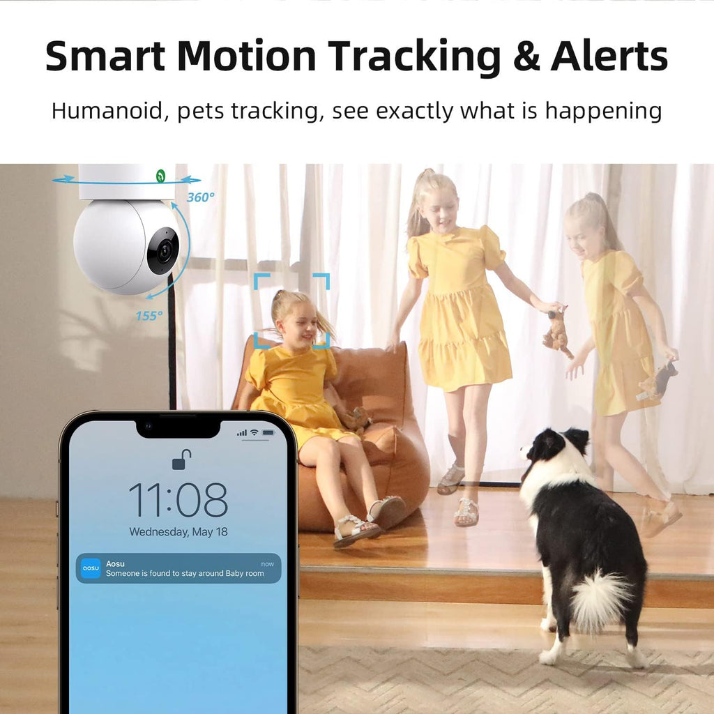 AOSU Solar Security Cameras Outdoor Wireless, 4 Cam-Kit, No Subscription & AOSU 360° Indoor Security Camera, Baby Monitor