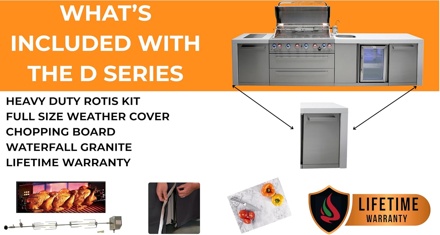 Mont Alpi Premium 157' Deluxe Stainless Steel Outdoor Kitchen Island with Refrigerator + Beverage Center Faucet & Sink + 44'W 6-Burner BBQ Gas Grill + Granite Countertops + Storage Cabinets & Drawers