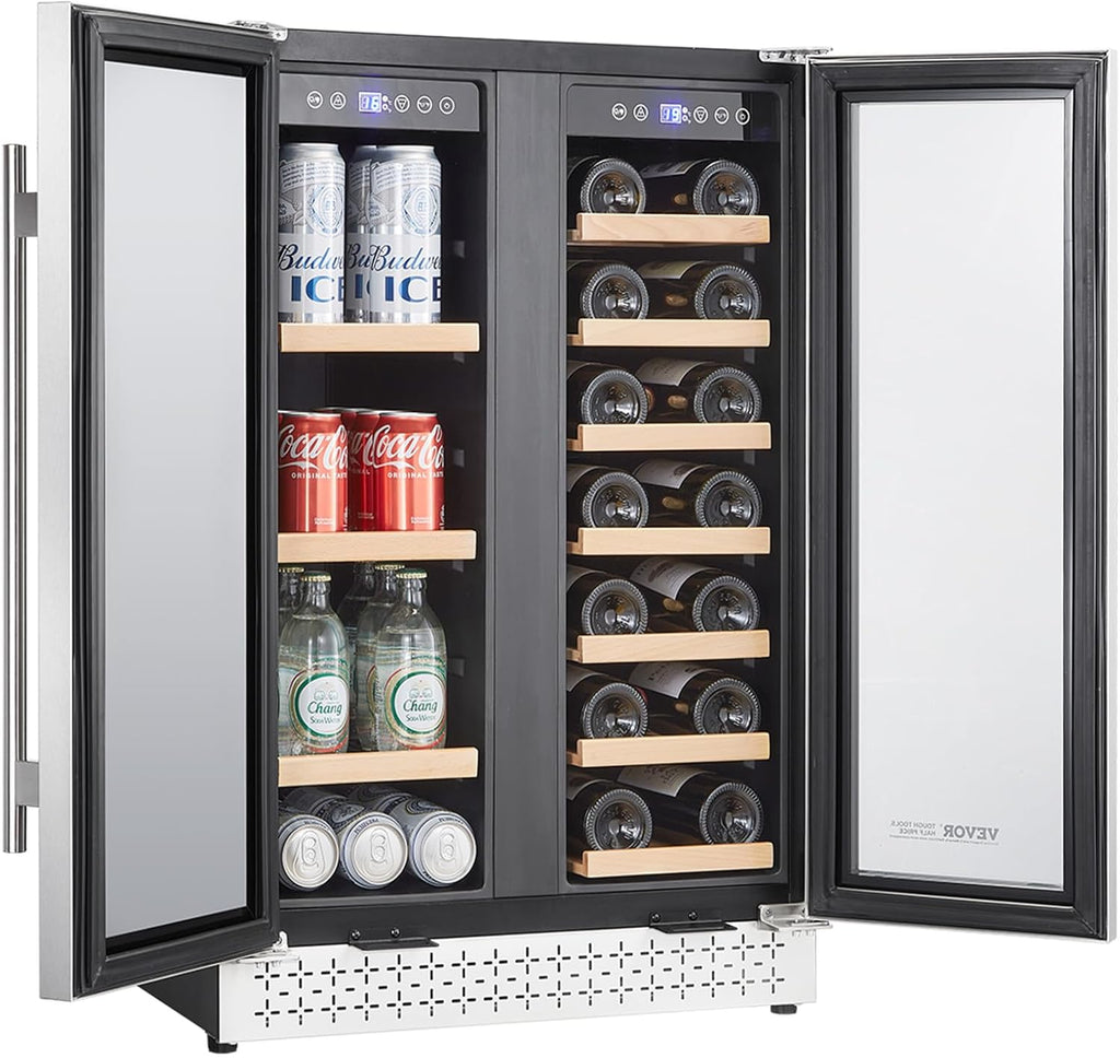 VEVOR Wine and Beverage Refrigerator, 24 in Dual Zone Wine Cooler, Built-in & Freestanding Fridge with Glass Doors, Adjustable Shelves, Digital Temperature Control, 64 Cans and 20 Bottles Capacity