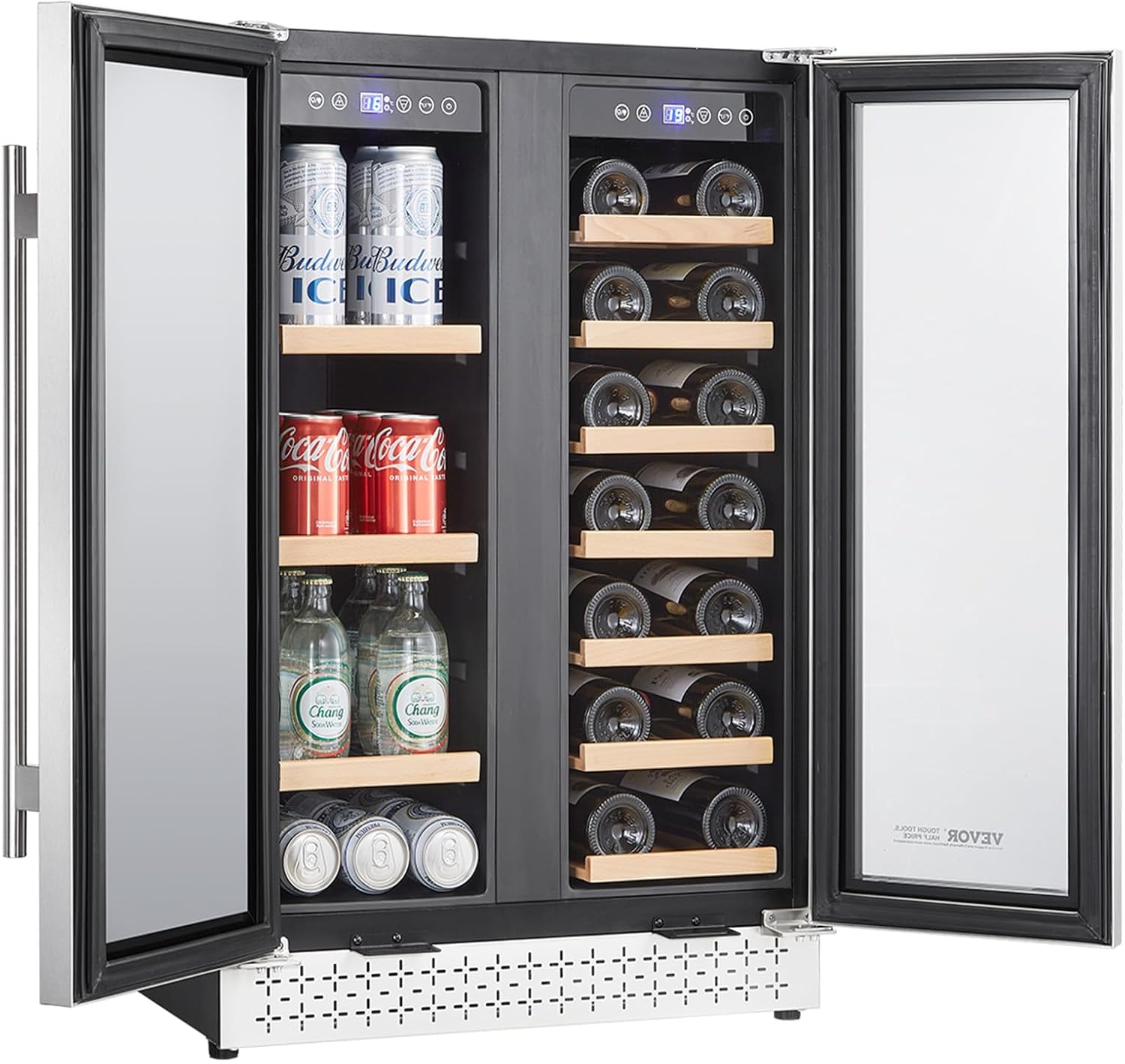 VEVOR Wine and Beverage Refrigerator, 24 in Dual Zone Wine Cooler, Built-in & Freestanding Fridge with Glass Doors, Adjustable Shelves, Digital Temperature Control, 64 Cans and 20 Bottles Capacity