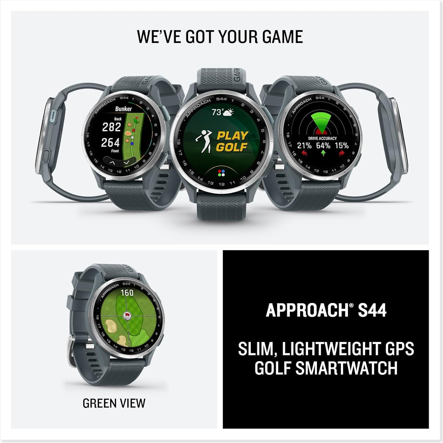 Garmin Approach S44 Essential Golf Watch with GPS, AMOLED Display, On-Course Features, Sports and Fitness Smartwatch, Silver Aluminum Bezel with Twilight Silicone Band Bundle