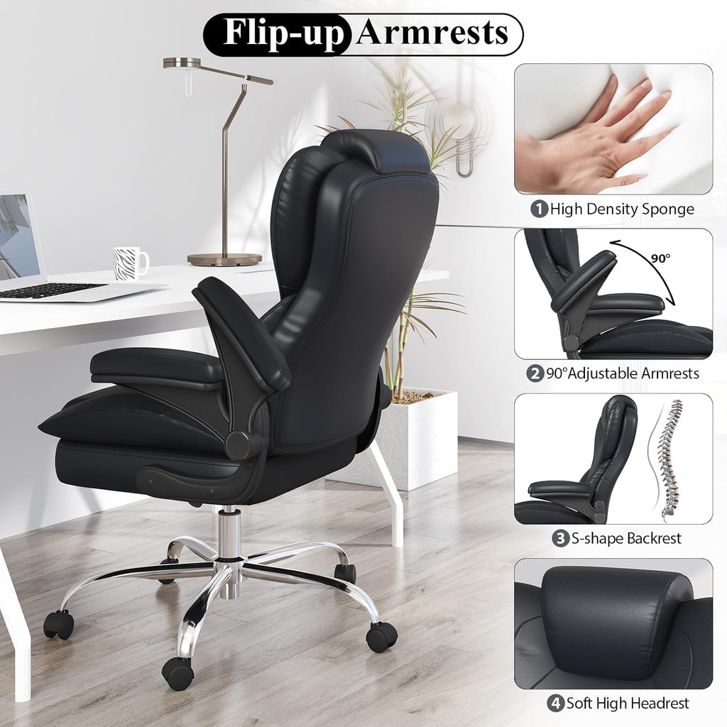 Office Desk Chair, Executive Leather Office Chair, High Back Ergonomic Home Desk Chair with Padded Flip-up Arms, Big and Tall Computer Chair with Rocking Function, 360°Swivel Free, Black