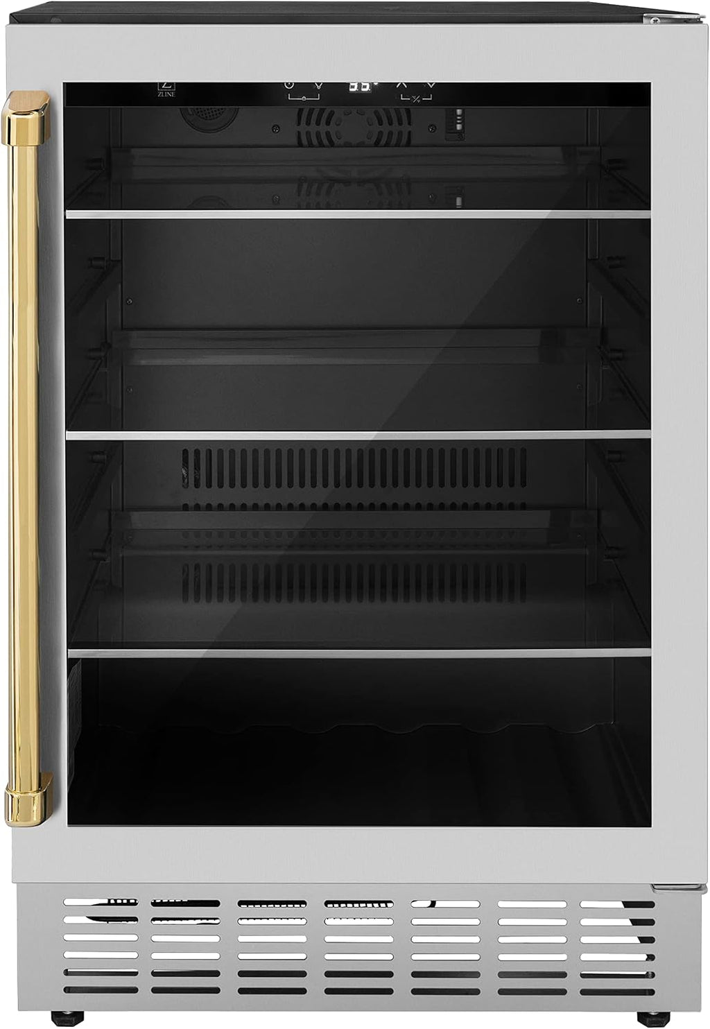 Z Line Kitchen and Bath ZLINE 24' Autograph Edition 154 Can Beverage Cooler Fridge with Adjustable Shelves in Stainless Steel with Gold Accents (RBV-US-24-G)