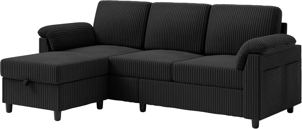 Vongrasig Convertible Sectional Couches, 3 Seat L Shaped Couch Sofa with Removable Pillows Soft Corduroy Fabric Small Couch Mid Century for Living Room, Apartment and Office Black