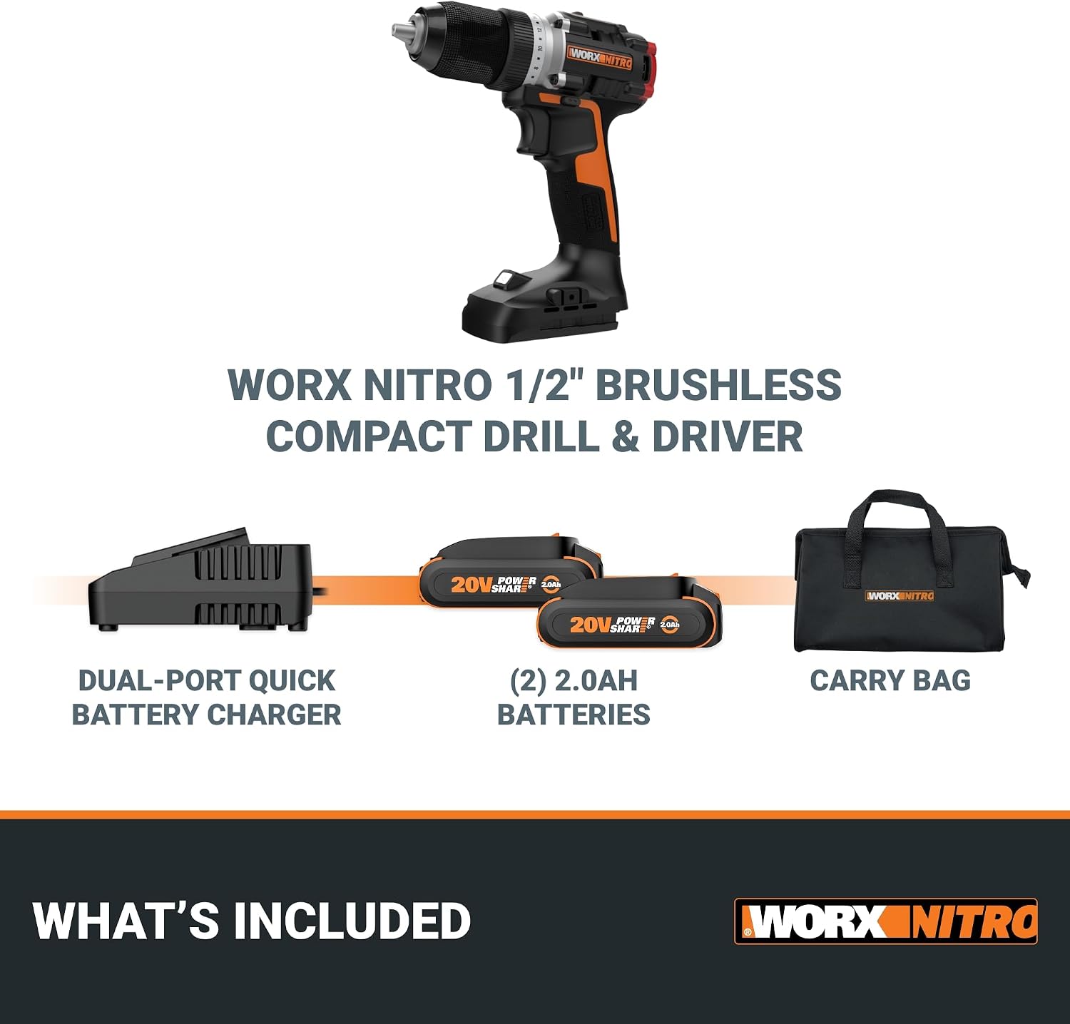 Worx Nitro 20V Cordless 1/2' Drill Driver With Brushless Motor - Compact & Lightweight Set Only 6' and 3 lbs. - Power Share Compatible WX130L - Batteries & Charger Included, Black