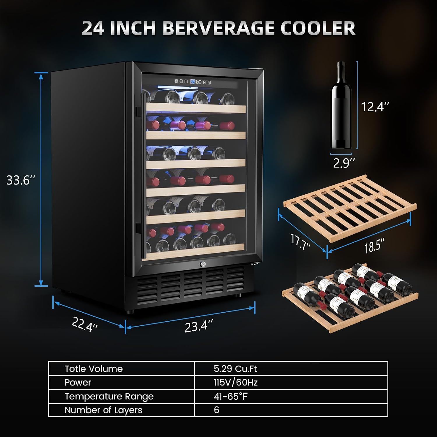 Mojgar 24 Inch Wine Cooler, 51 Bottle Wine Refrigerator with Removeable Shelves Blue Interior Light, Stainless Steel Wine Fridge, Built-in/Freestanding (Single Zone Black Door)