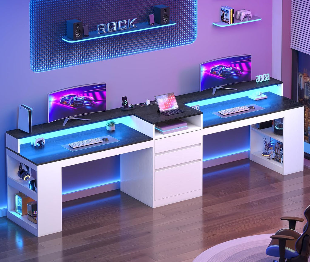 96.6' Long Computer Desk, 2 Person Desk with LED Lights & Power Outlet, Modern Two Person Gaming Desk with File Drawers, Monitor Stand, Printer Shelf ＆ Storage, Double Table for Home Office White