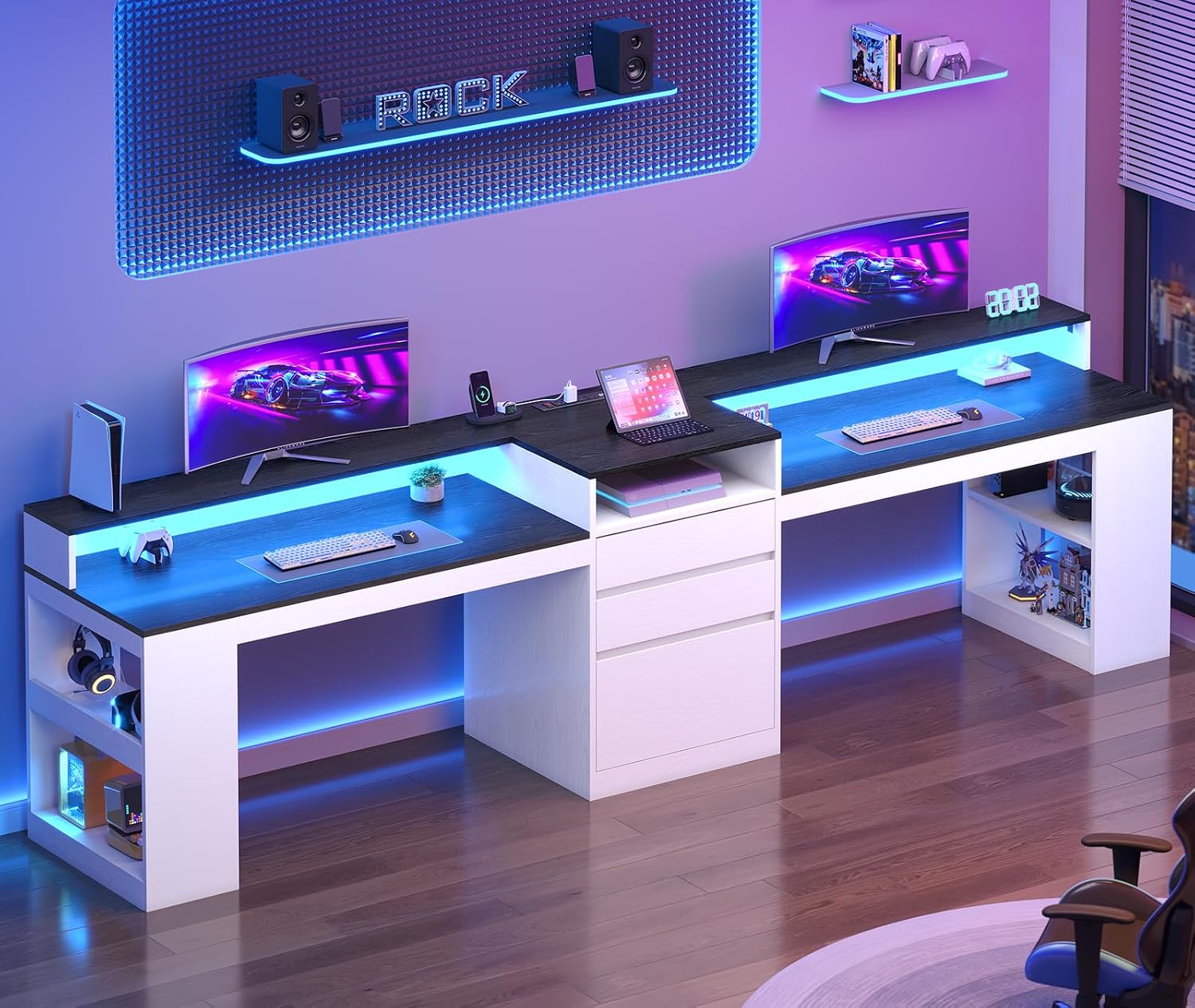 96.6' Long Computer Desk, 2 Person Desk with LED Lights & Power Outlet, Modern Two Person Gaming Desk with File Drawers, Monitor Stand, Printer Shelf ＆ Storage, Double Table for Home Office White
