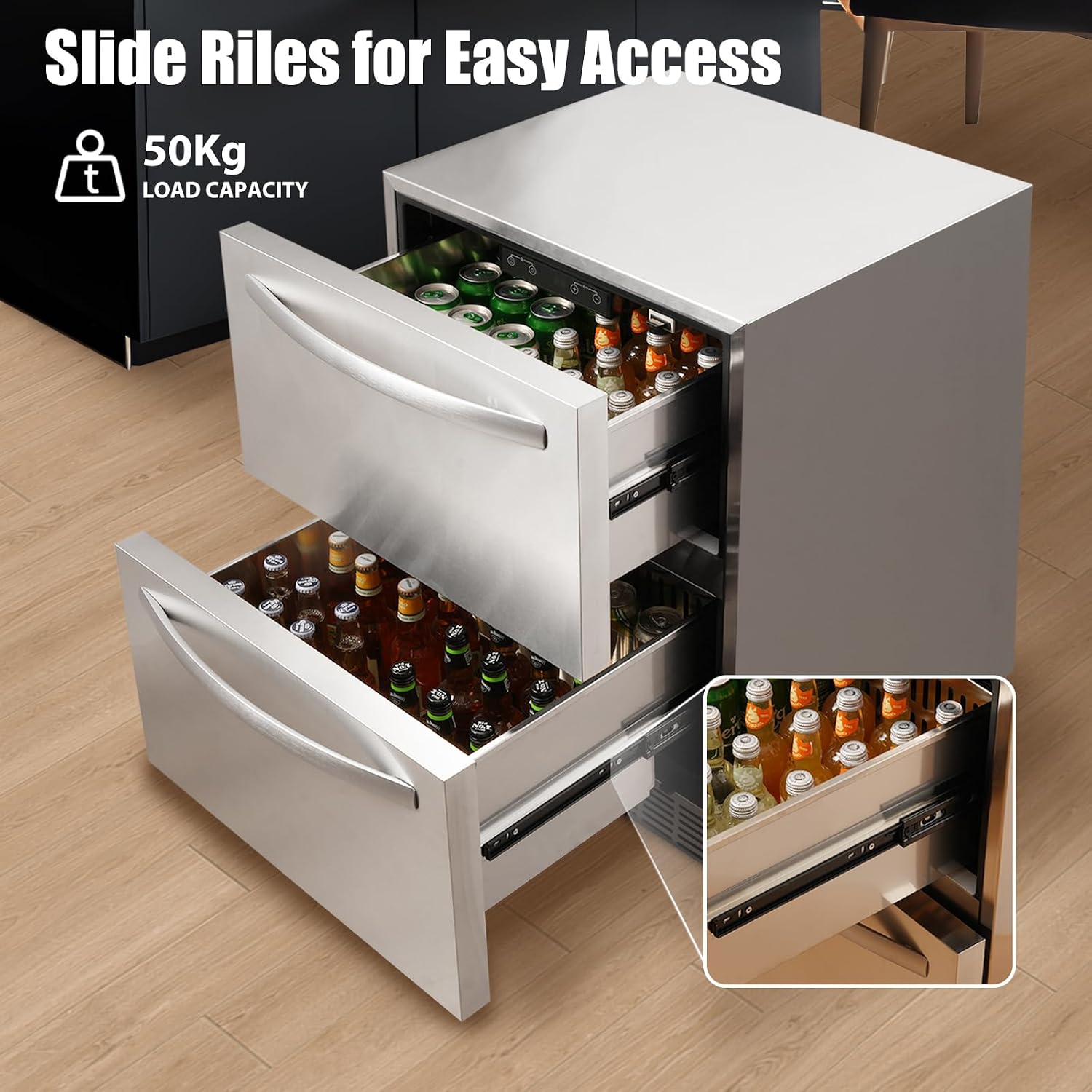 HCK 24 Inch Under Counter Double Drawer Fridge, Stainless Steel Outdoor Beverage Refrigerator for Patio, Built-in Beverage Fridge for Home & Commercial Use