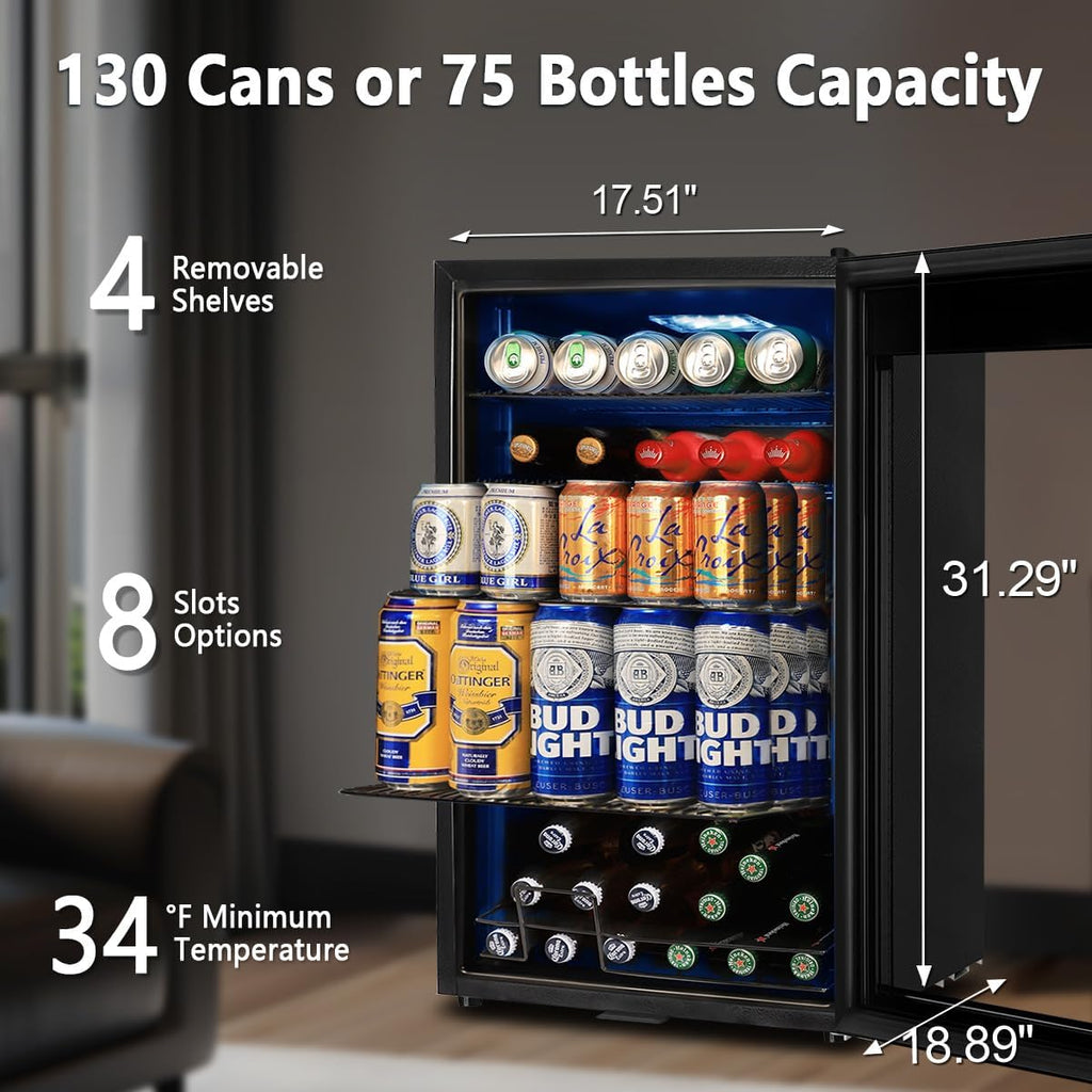 Tylza Beverage Refrigerator Cooler, 130 Cans 3.22 Cu.Ft Small Refrigerator with Low-E Glass Door, Lock, 17-Inch Beer Fridge for Drinks, Beer and Wine, Mini Fridge for Bedroom, Office and Bar, Black
