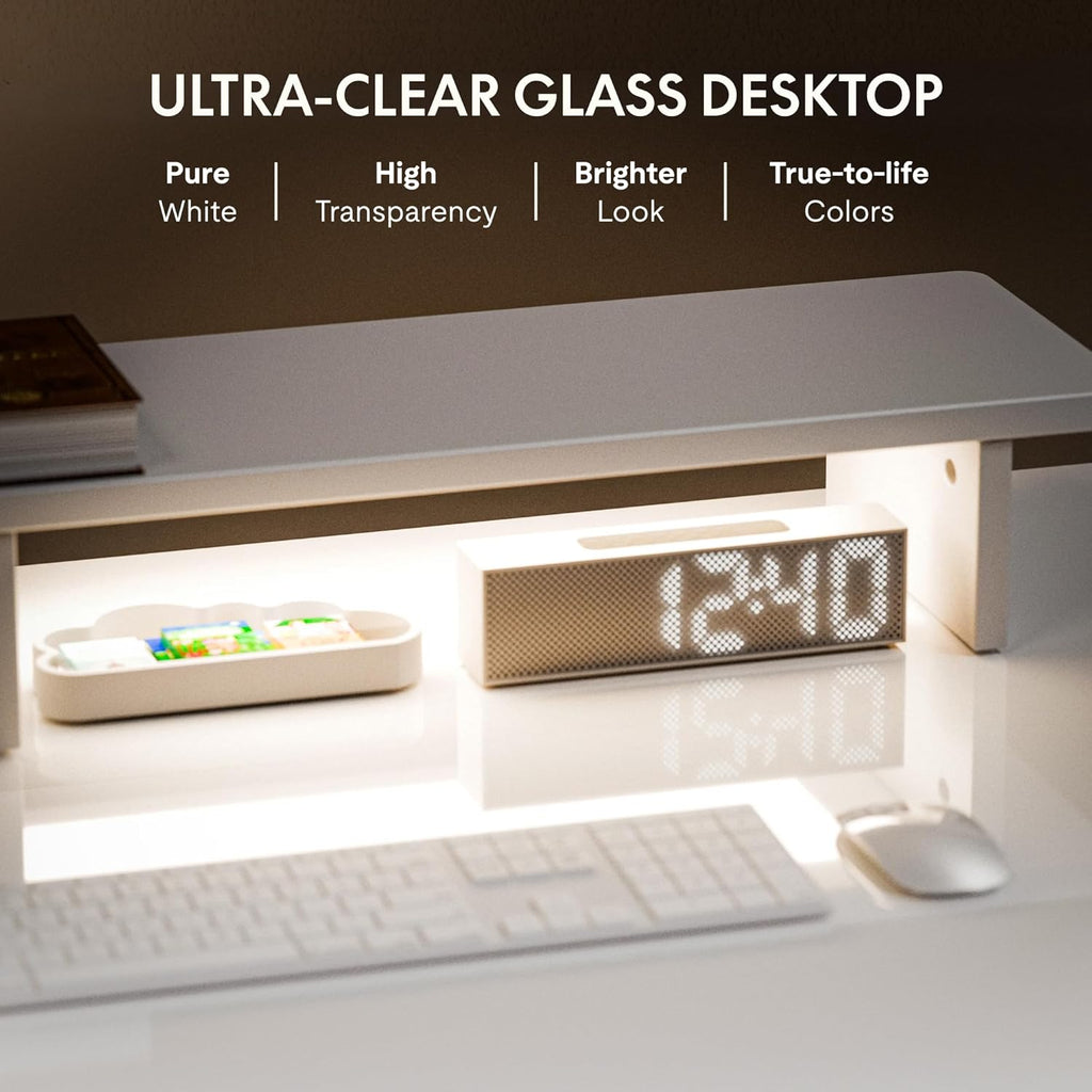 FLEXISPOT Comhar Electric Pure Glass Standing Desk with Drawer Desktop & USB Charge Ports, 48' Ergonomic Height Adjustable Sit to Stand Desk for Home Office (White, Glass)