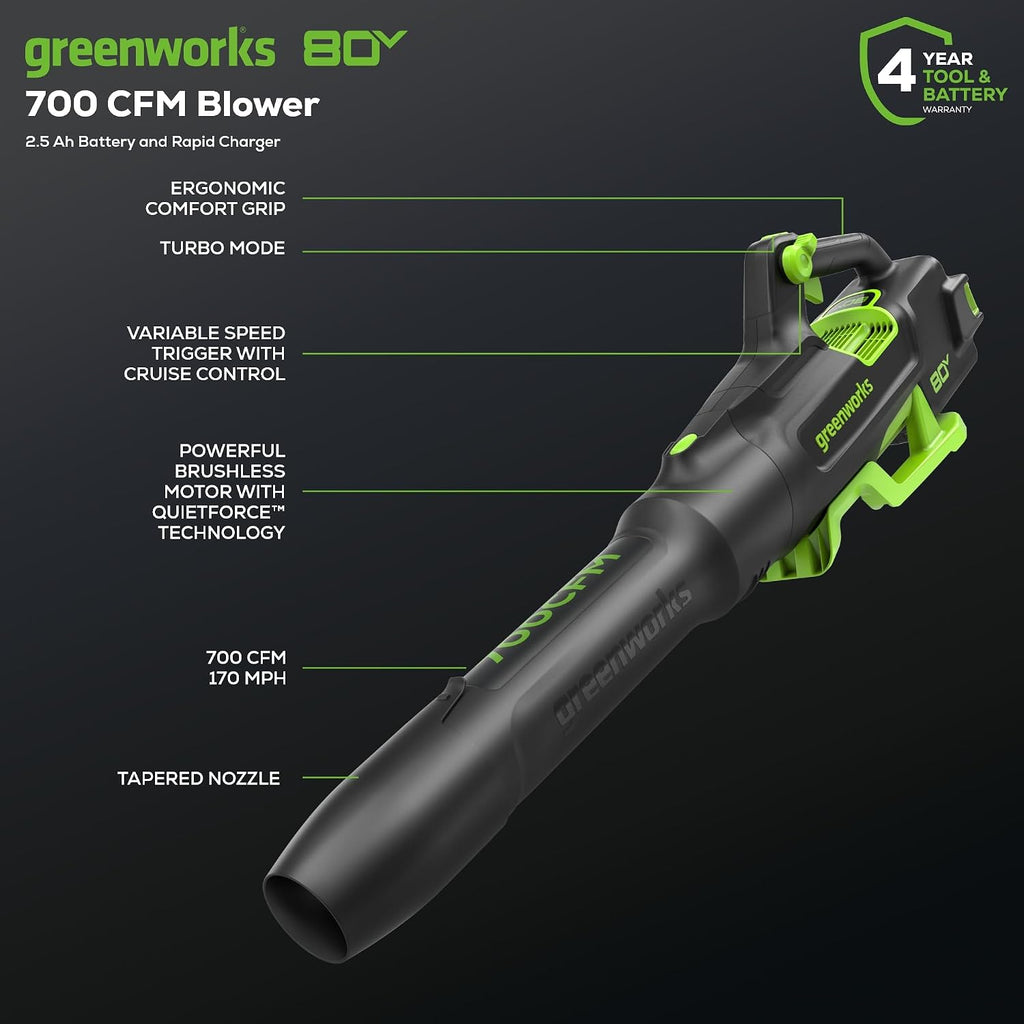 Greenworks 80V 16' Brushless Cordless String Trimmer and 700 CFM Leaf Blower Combo Kit, 2.5Ah Battery and Charger Included
