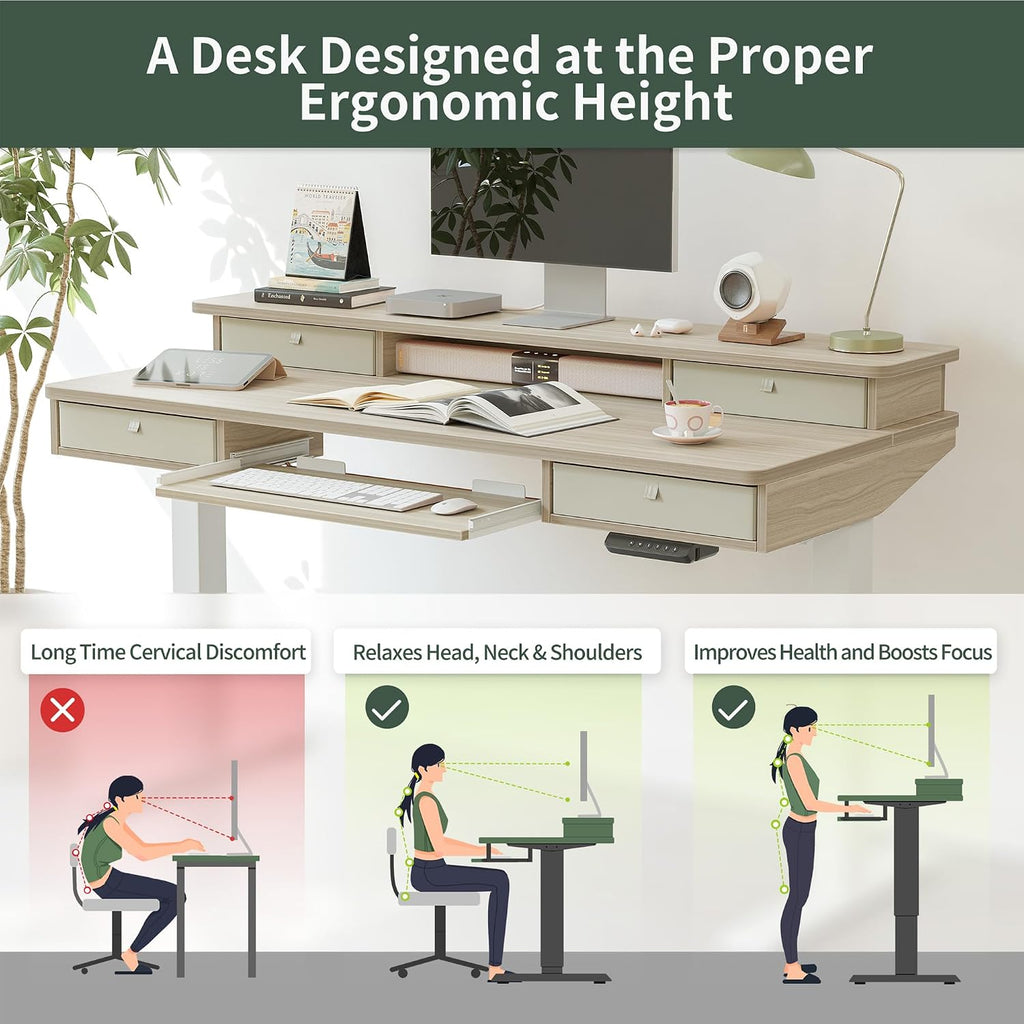 FEZIBO 55'' x 24' Height Adjustable Electric Standing Desk with 4 Drawers and Keyboard Tray, Home Office Table for Work, Study, Gaming, Writing, Light Walnut