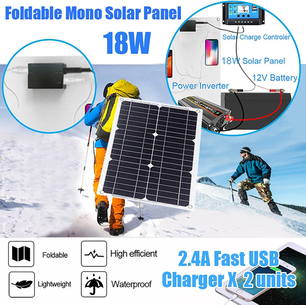 Solar Panel Inverter Kit with Dual USB, 18W Monocrystalline Solar Panel, 3000W Power Inverter DC12V to AC110V/220V, 30A PWM Charge Controller – Portable Solar Power System for Camping and Travel(Black