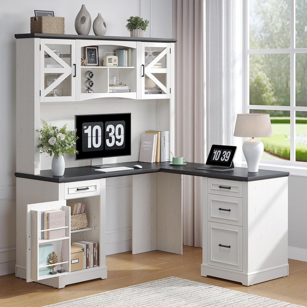 ONBRILL 72' L-Shaped Executive Desk with Hutch, Farmhouse L-Shaped Computer Desk with 4 Drawers, File Drawer and Power Outlet, Home Office Computer Desk for Living Room,Study Room (Off White& Black)