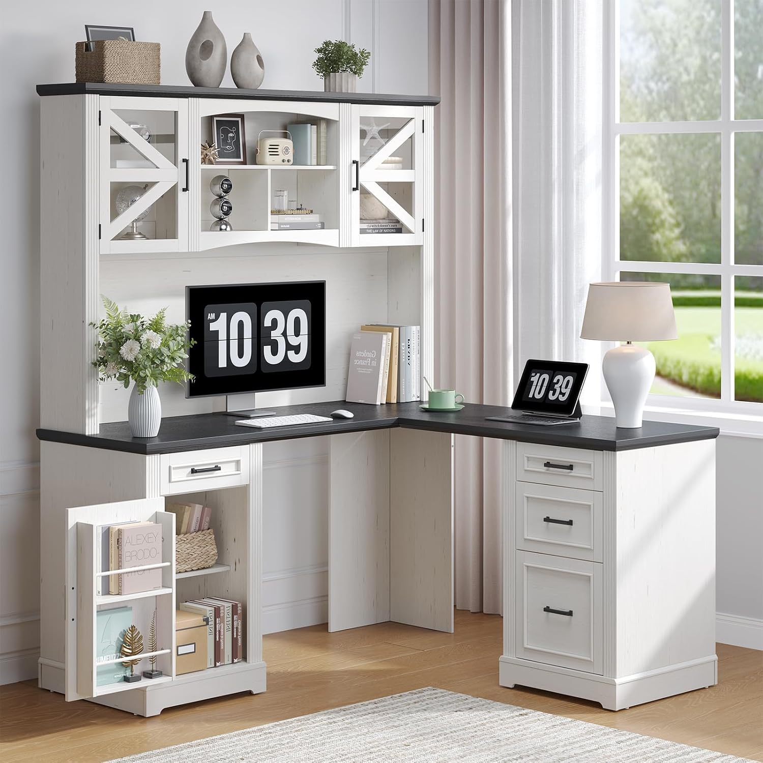 ONBRILL 72' L-Shaped Executive Desk with Hutch, Farmhouse L-Shaped Computer Desk with 4 Drawers, File Drawer and Power Outlet, Home Office Computer Desk for Living Room,Study Room (Off White& Black)