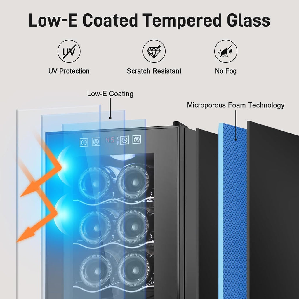 Tylza 8 Bottles Wine Fridge, Wine Cellar with Low-E Tempered Glass Door, LED Touchscreen, Lock, Frost Free, No Vibration, Wine Cooler Refrigerator for Red, White, Champagne or Sparkling Wine, Black