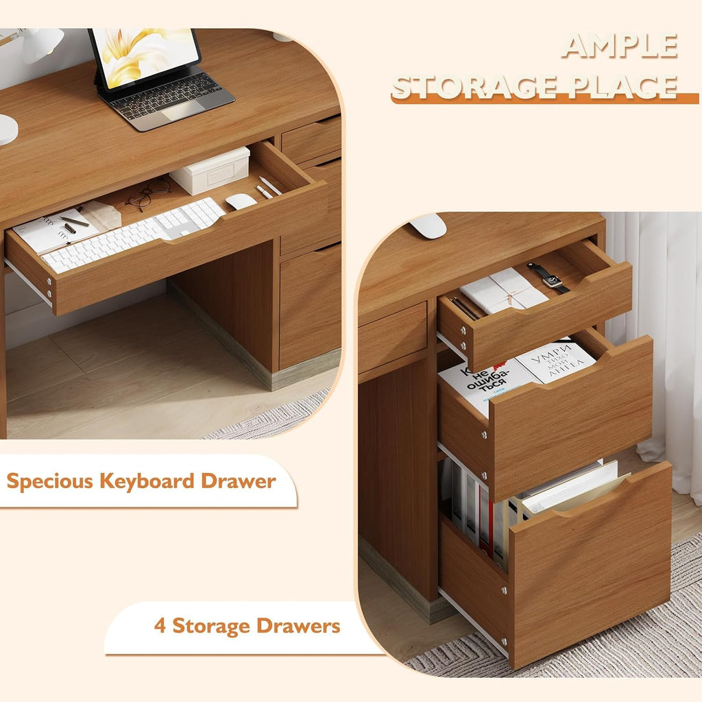 MaverickFurni 48 Inch Small Desk with 4 Drawers, Computer Desk with Storage File Drawer for Bedroom, Home Office Desk with Storage for Small Space, Brown