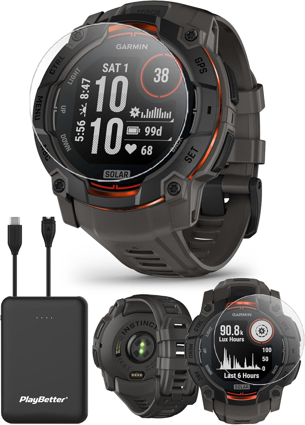 PlayBetter Garmin Instinct 3 Solar 50mm (Black/Charcoal) Rugged Outdoor GPS Smartwatch Bundle - Metal Bezel, Built-in Flashlight, Unlimited Battery Life Portable Charger & HD Screen Protectors