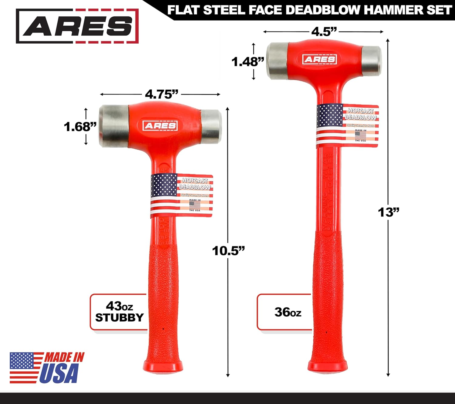 ARES 4131033 – 2-Piece Flat Steel Face Deadblow Hammer Set - 36oz and 43oz Hammers - Steel Shot-Filled Head for Greater Accuracy and Striking Force – Flat Steel Ends for Precise, Powerful Force