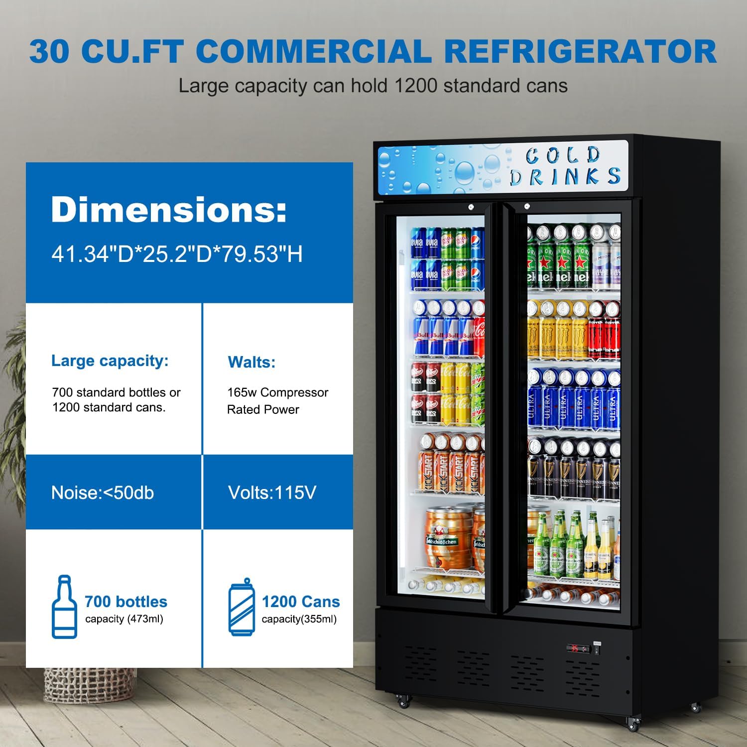 41.3''W Commercial Beverage Refrigerators, 30 Cu.ft. Glass Door Refrigerator Upright Display Cooler with Soft LED Light and Adjustable Shelves for Restaurant Grocery Stores Home