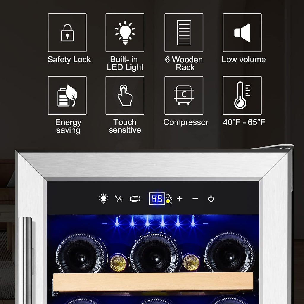 Tylza 15 Inch Wine Cooler Under Counter, 30 Bottles Built-in Wine Fridge with Stainless Steel Tempered Glass Door, Temp Memory Function, Freestanding Fast Cooling Wine refrigerator, Quiet Operation