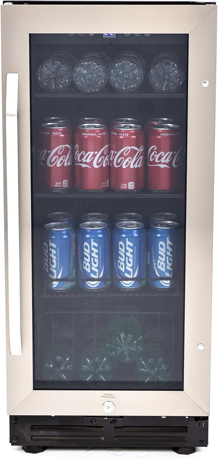 Avanti Beverage Cooler with Glass Door 72 Can Mini Refrigerator with Lock for Beer Soda Water Wine with Digital Temperature Control, 3.1-Cu.Ft., Metallic