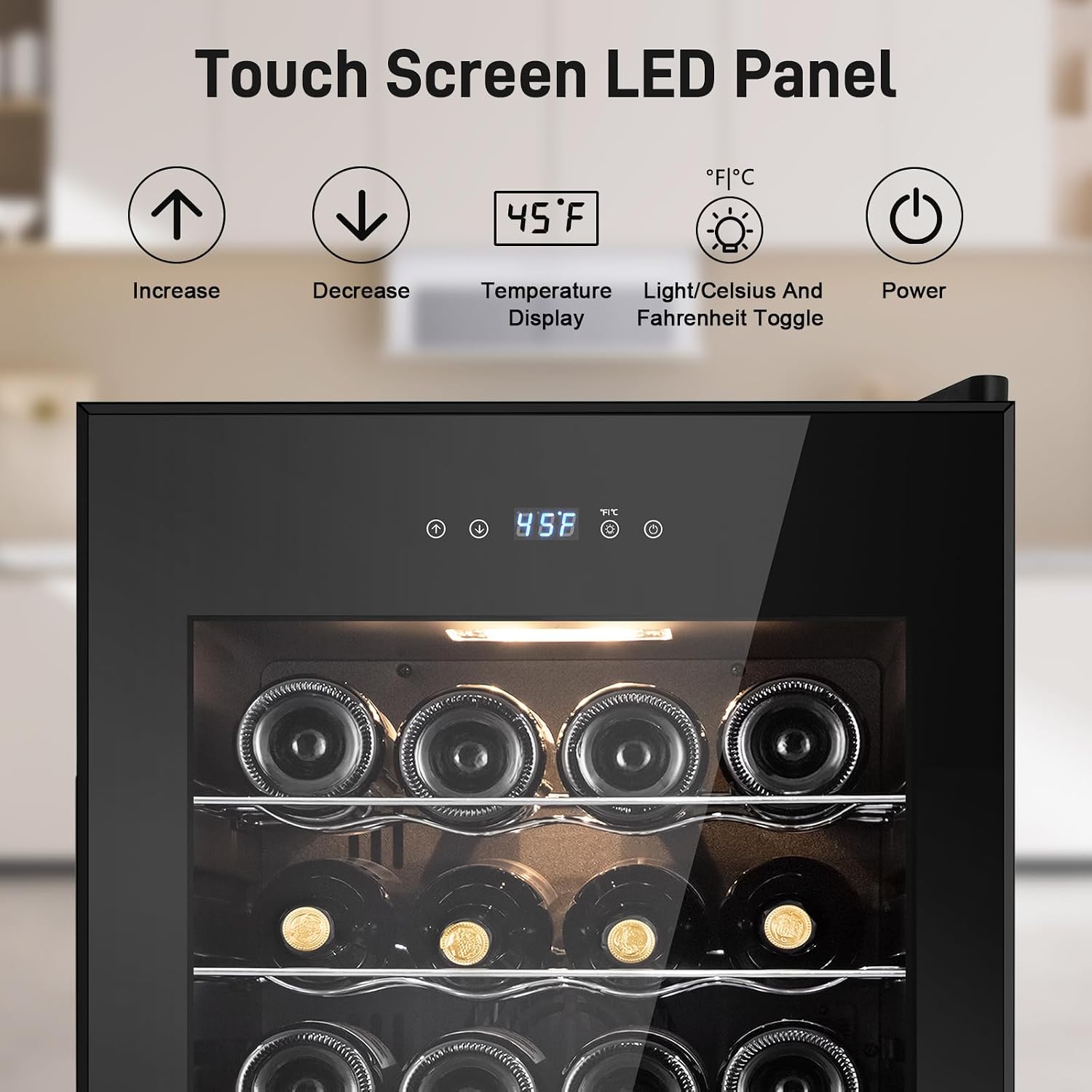 Tylza 24 Bottles Wine Fridge, Wine Cellar with Powerful Compressor, LED Touchscreen, Low-E Tempered Glass Door, Lock, Wine Cooler Refrigerator for Red, White, Champagne or Sparkling Wine, Black