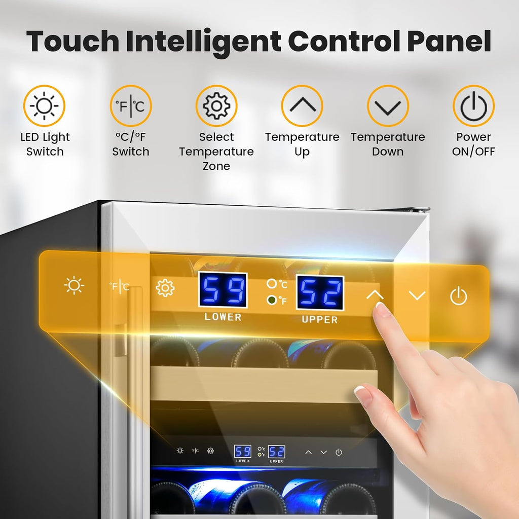 Wine Fridge Freestanding,15 Inch Wine Cooler Under Counter,28 Bottle Built-in Dual Zone Wine Refrigerator with Stainless Steel Reversible Door for Home and Kitchen
