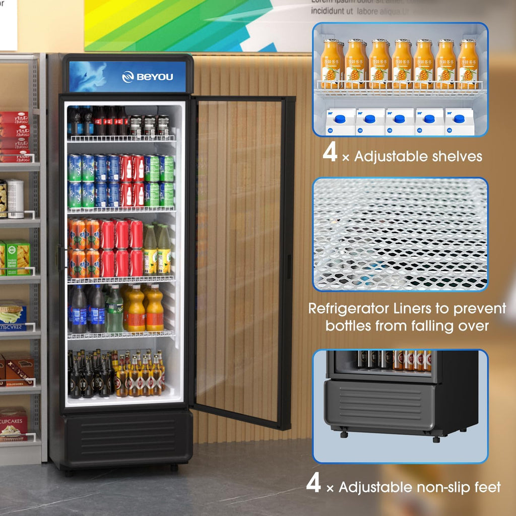 BEYOU Commercial Beverage Refrigerator, 12.2 cu. Ft Upright Display Merchandiser with single Glass Door, Drink Cooler for Living Room,Bar,Garage（Black）